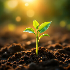 Young Green Plant Growing in Soil at Sunrise &ndash; Symbol of New Life, Hope, and Natural Growth in Warm Morning Light