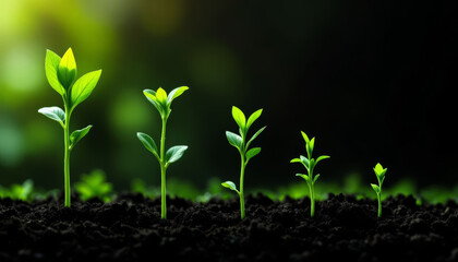 Growth Stages of Green Seedlings Sprouting from the Soil in a Lush, Natural Environment