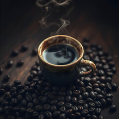 Steaming Black Coffee in Ceramic Cup on Coffee Beans, Dark Roasted Beverage, Hot Drink, Morning Brew, Aromatic Coffee Concept, Natural Coffee Beans, Cozy Atmosphere