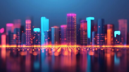 Fototapeta premium Vibrant city skyline illuminated by colorful lights at night, reflecting on water.