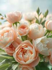 Soft peach-colored peonies in full bloom, delicate petals with a light pastel hue, floral close-up shot with a gentle, serene background
