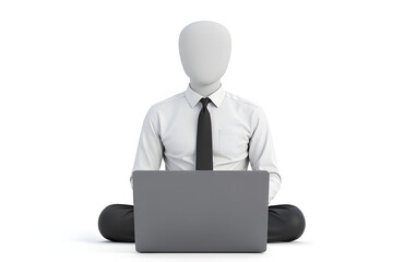 A Businessman Sits In Front Of A Laptop On A White Background, With A Blank Screen Visible From Above.