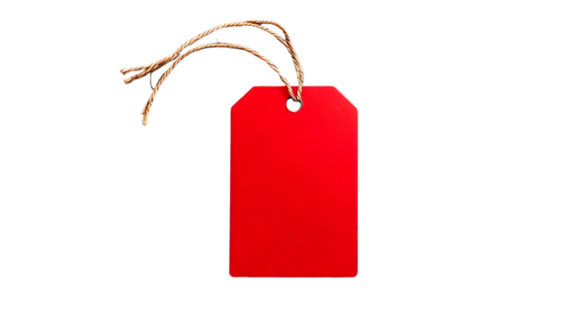 The image shows a single red blank price tag with a string attached, isolated on a transparent background