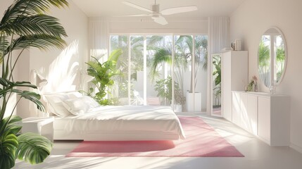 Modern white bedroom with tropical garden view. Interior design. Possible use Home decor inspiration