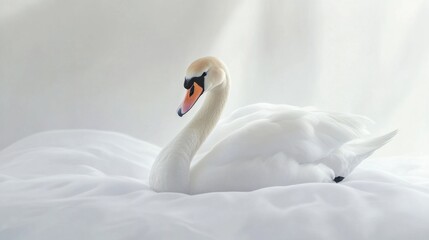 Fototapeta premium Graceful swan resting serenely on a soft cloud-like surface, showcasing elegance and beauty in a tranquil atmosphere, ideal for calm nature themes