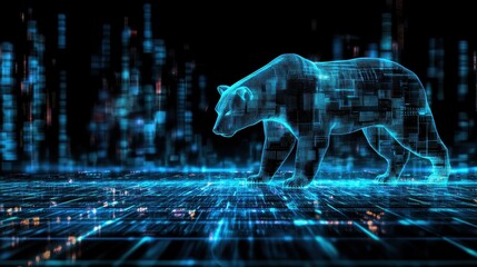 Electric blue and green trendlines converging around a glowing bear downtrend, copy space, focus on digital finance, futuristic, overlay, backdrop of a futuristic trading center