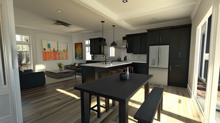 Sunny open-plan kitchen-living area, modern home.  Possible use Stock photo