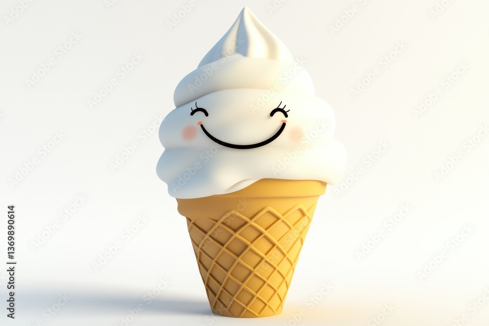 Aufkleber Smiling ice cream cone on a light background delights with its cheerful appearance and creamy texture