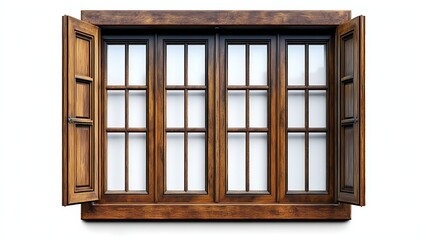 Rustic wooden window with open shutters, isolated on white background for graphic design use.