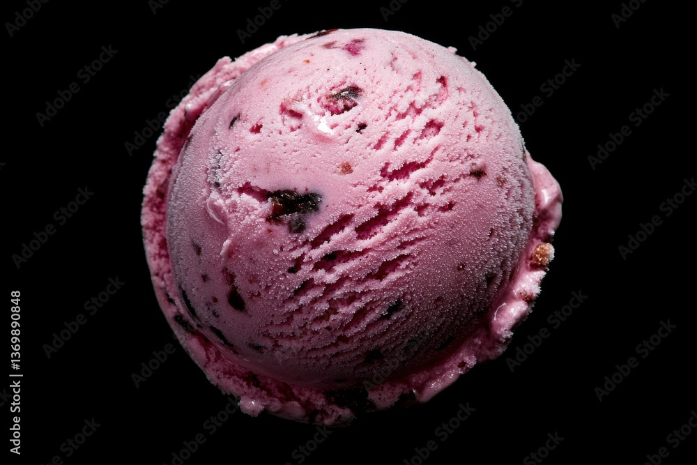 Poster Delicious scoop of raspberry ice cream with chocolate chips against a dark background
