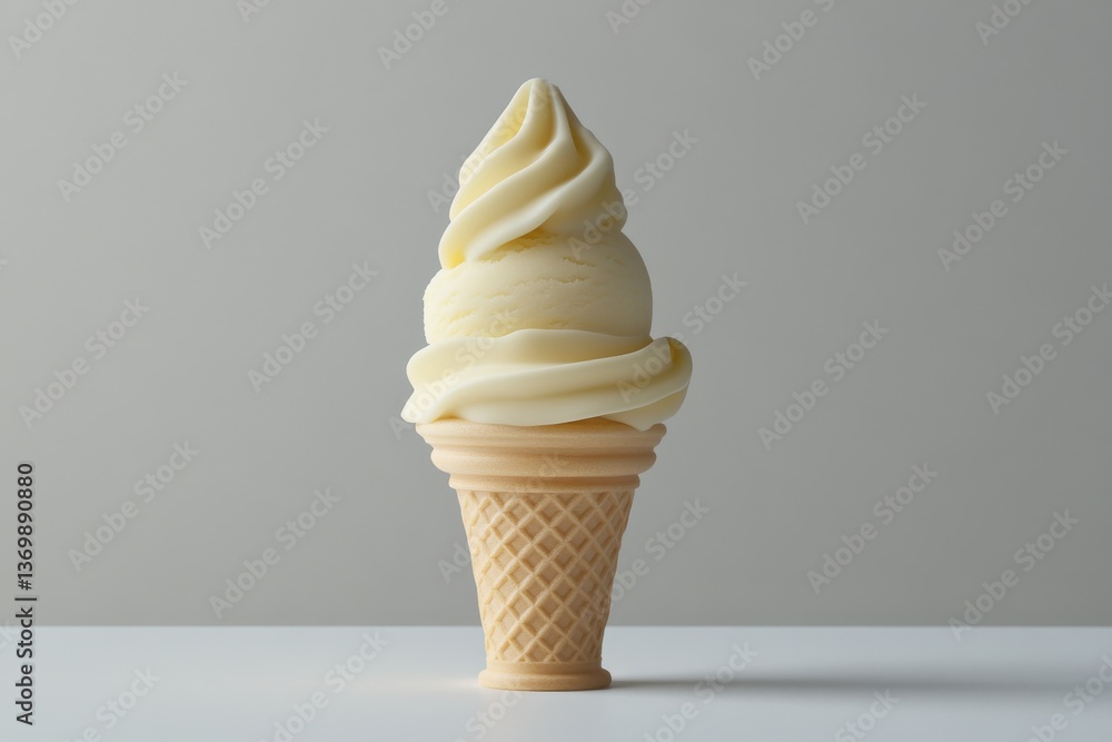 Aufkleber Soft serve ice cream cone with swirled vanilla cream against a minimalist background