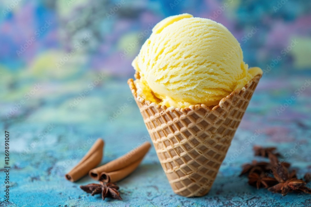 Poster Yellow ice cream scoop in a waffle cone with spices on a colorful textured background