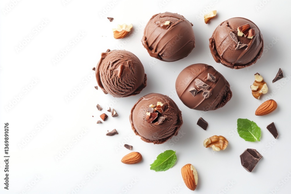 Aufkleber chocolate ice cream scoops with nuts and mint leaves arranged on a white surface