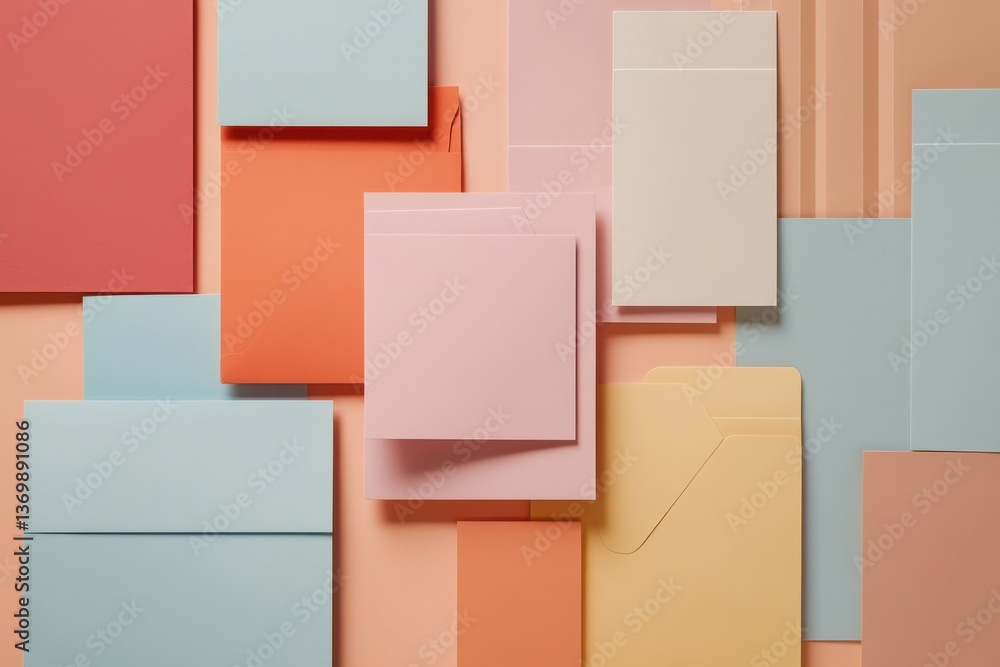 Poster collection of colorful paper sheets and folders arranged harmoniously on a soft surface in a creativ