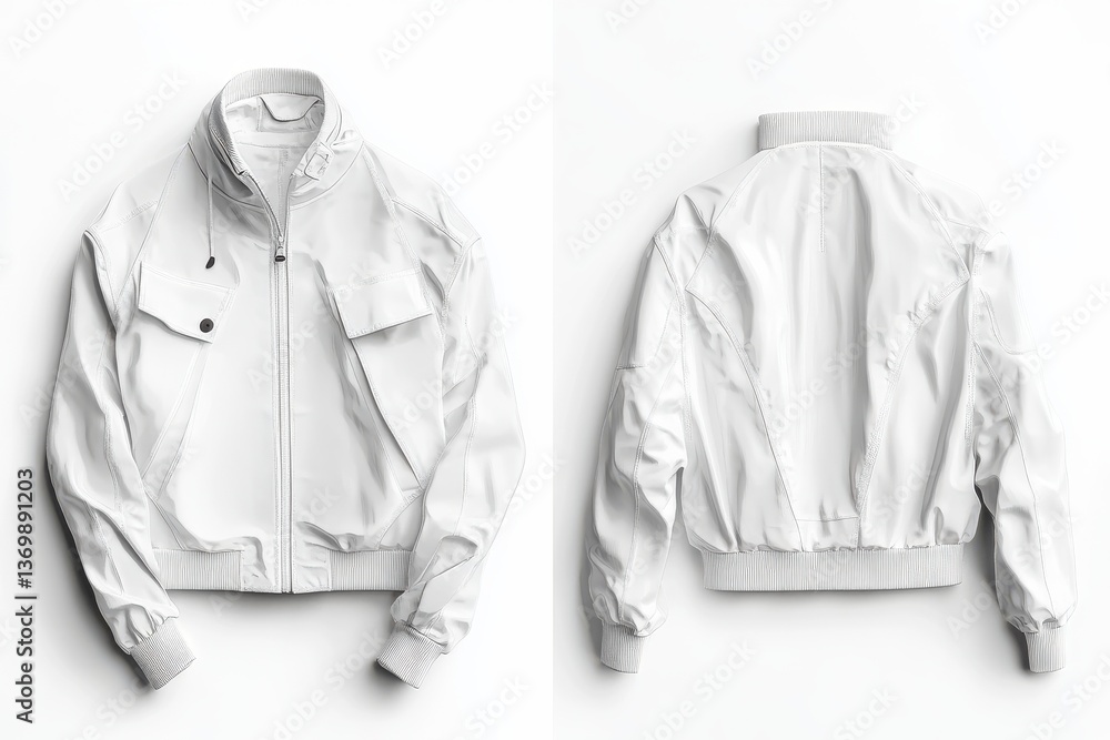 Aufkleber stylish white jacket on white background showcasing front and back design with functional pockets an