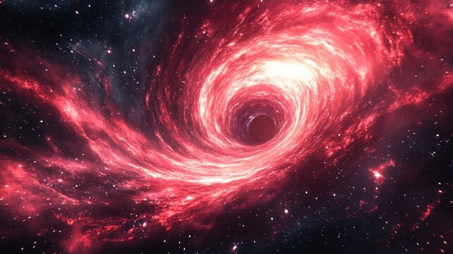 Cosmic Black Hole and Deep Space. A stunning visualization of a swirling black hole with vibrant red and orange cosmic colors.