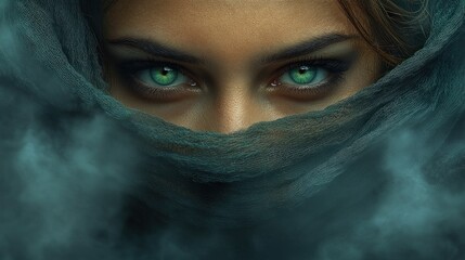 Naklejka premium Enigmatic Gaze: A Woman's Emerald Eyes Piercing Through a Misty Veil
