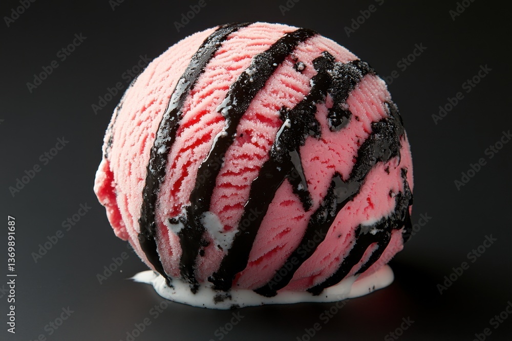 Aufkleber scoop of pink and black striped ice cream melting on a dark surface in a close-up view