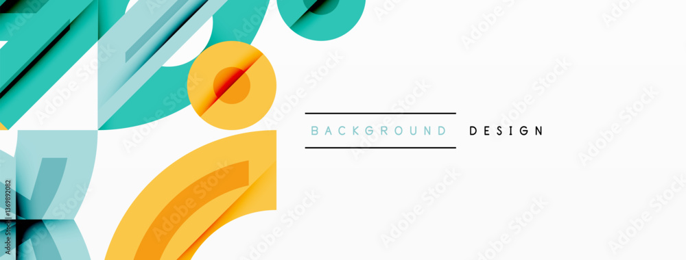 Poster Abstract geometric background with shapes, featuring circular and rounded elements. Bold contrast, smooth gradients, dynamic composition, futuristic style