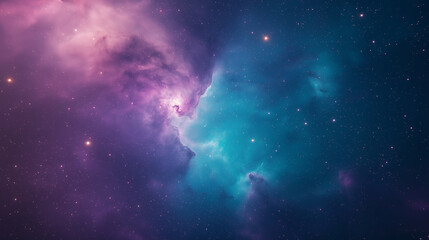 Fototapeta premium A dreamy cosmic nebula with swirling purple and blue hues, soft glowing stars scattered across the vast expanse, foreground featuring an empty space for text placement, ultra-detailed