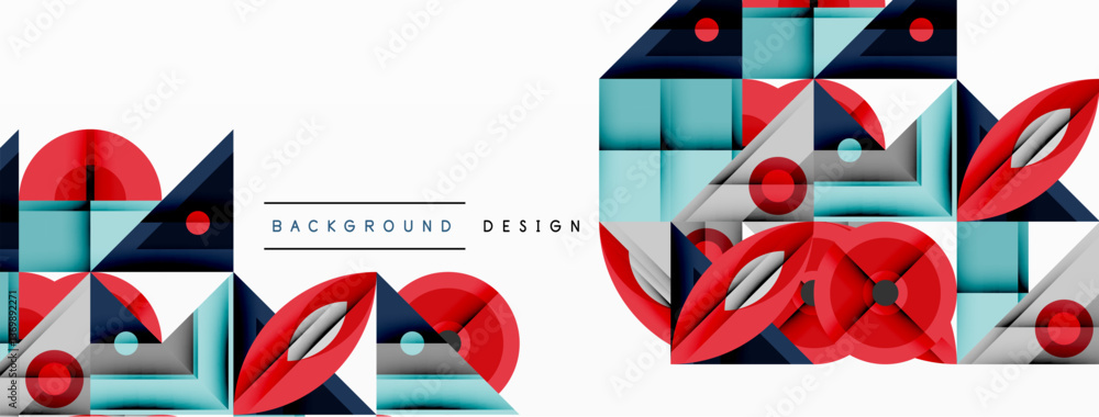 Aufkleber Geometric abstract composition with intersecting shapes, circles, triangles, and gradients, blending vibrant colors and dynamic contrasts to create a modern, futuristic visual design
