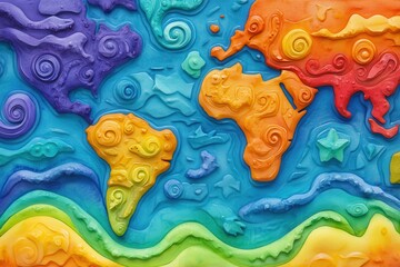 Colorful Clay World Map Whimsical Rainbow Globe.
