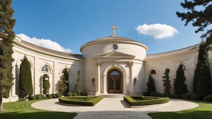 Obraz premium A serene courtyard featuring a stone pathway leading to a classical building with a prominent cross atop its facade.