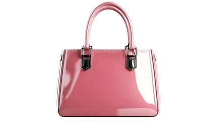 Elegant Pink Patent Leather Handbag with Chrome Hardware, Isolated on White Background.