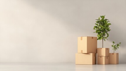 Stack of Cardboard Boxes with Small Green Plant Growing Out of One Box in a Simple Indoor Space with Neutral Background