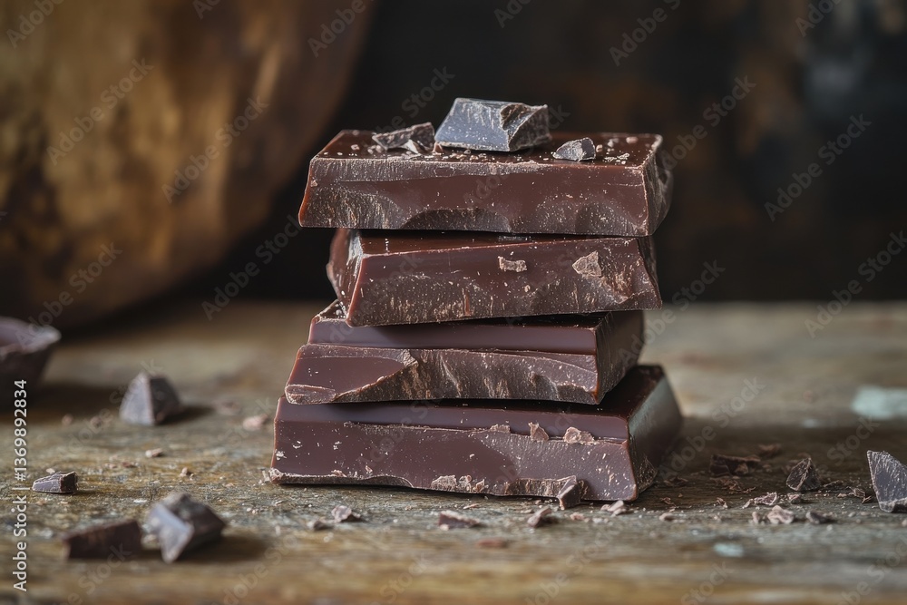 Poster delicious dark chocolate stacked on a rustic wooden surface with broken pieces scattered around