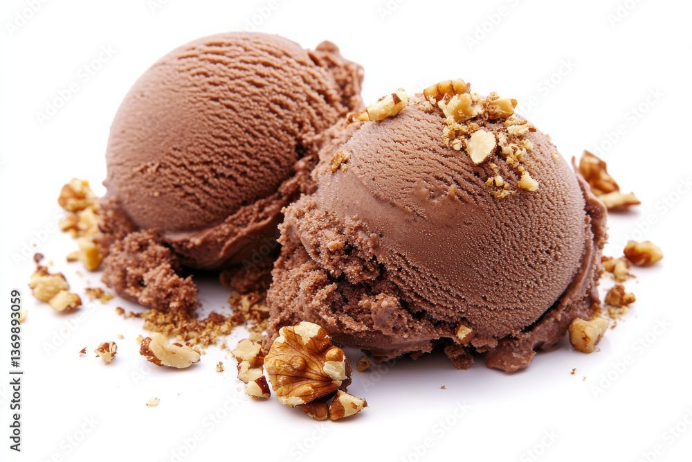 Poster chocolate ice cream scoops with crushed nuts on a white background