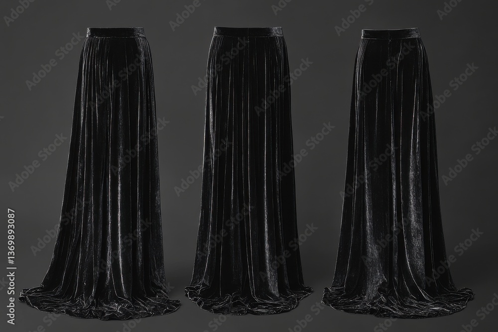 Poster elegant long velvet skirts displayed in three variations on a dark background highlighting texture a