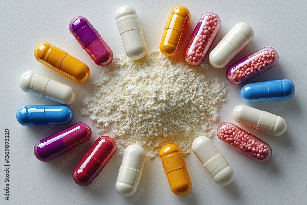 Poster colorful capsules and powder arranged in a circular pattern on a neutral background showcasing vario
