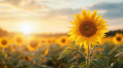 Vibrant sunflower blooms under a golden sunset sky in a vast field of sunflowers, capturing the beauty of nature in full bloom during summer season