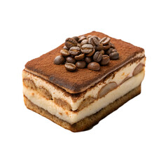 Delicious tiramisu dessert with coffee beans on top. white background