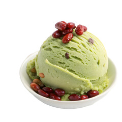 Delicious green tea ice cream topped with sweet red beans. white background
