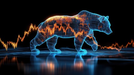 Fototapeta premium Neon stock trendlines spiraling into the body of a galloping bear downtrend hologram