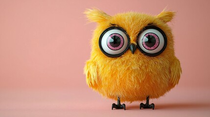 Fototapeta premium Fluffy Yellow Owl with Big Eyes on Pink Background of excellence in splendor beyond compare.