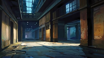 ゲーム背景廃墟の工場回廊室内部屋屋内風景アニメ映画風