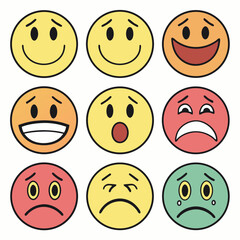 Collection of smiley faces and emoticons in various expressions including happy, sad, and angry with yellow cartoon icons representing emotions and facial expressions.