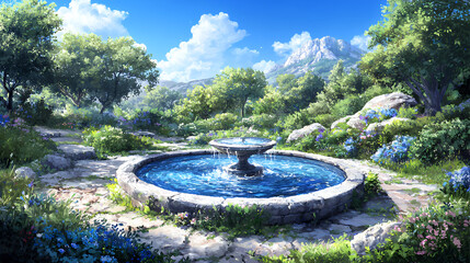 Serene Garden Landscape with Stone Fountain and Mountain View
