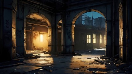 Fototapeta premium ゲーム背景 夜明け前のスラム街廃墟の裏通りビルの崩壊した室内部屋屋内風景アニメ映画風