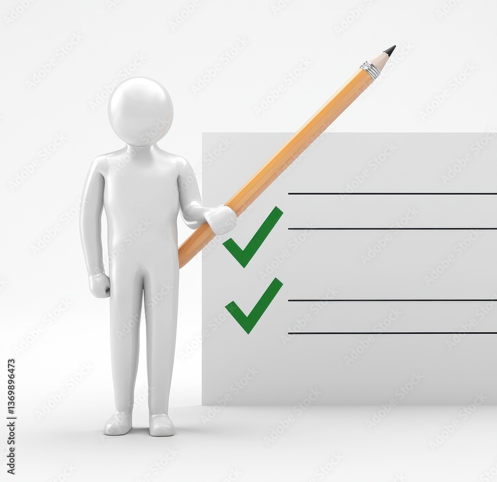 Poster 3d character with checklist showing completed tasks and solutions