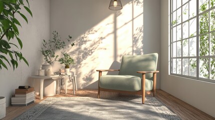 Serene, sunlit room with a green armchair, warm wood floors, and lush greenery. A peaceful, modern interior design