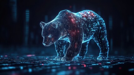 Glowing data streams forming a charging bear downtrend, copy space, focus on digital market revolution, ethereal, double exposure, backdrop of binary code animations