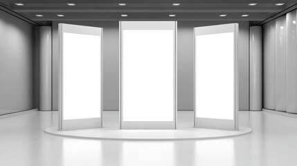 Event exhibition trade stand. White promotional advertising technology digital booth