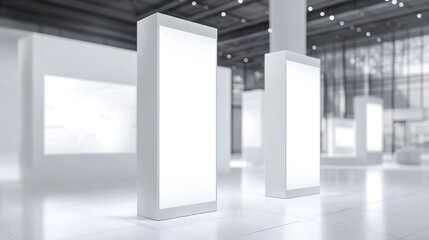 Event exhibition trade stand. White promotional advertising technology digital booth