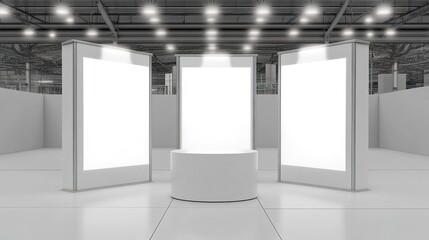 Event exhibition trade stand. White promotional advertising technology digital booth