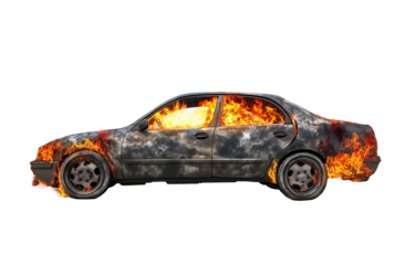 Burning Car Isolated on White and Transparent Background