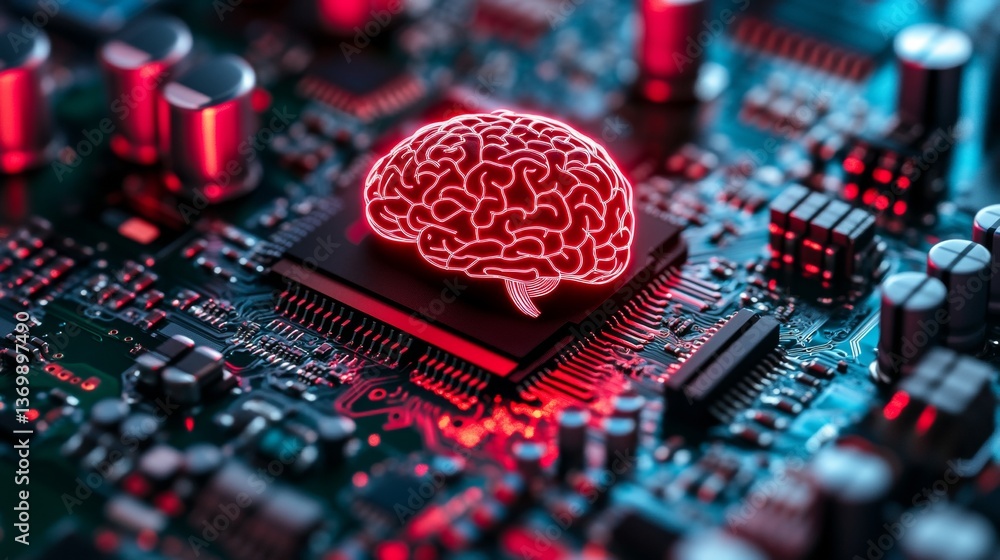 Poster futuristic ai brain chip integrated on a complex computer motherboard, shallow depth of field